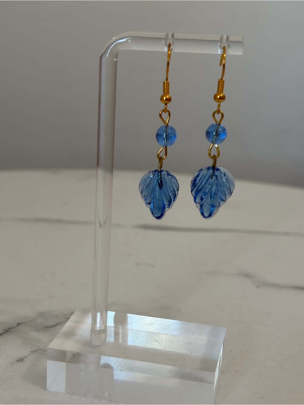 Blue Glass Leaf Earrings - Picture 5 of 7